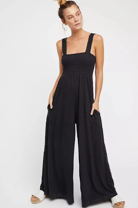 Smocked Square Neck Wide Leg Jumpsuit with Pockets Youthful Women's Pop