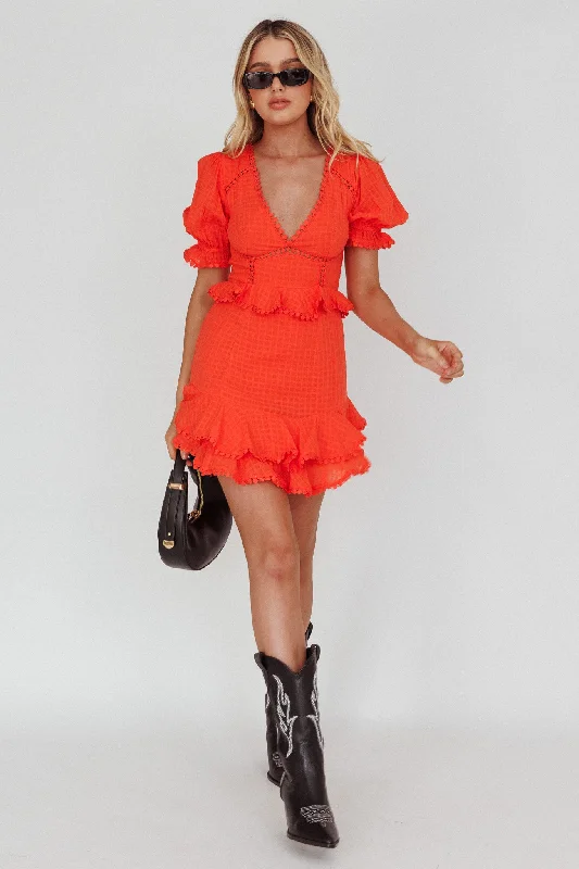 Preston Puff Sleeve Crochet Trim Dress Coral Refined Women's Velvet