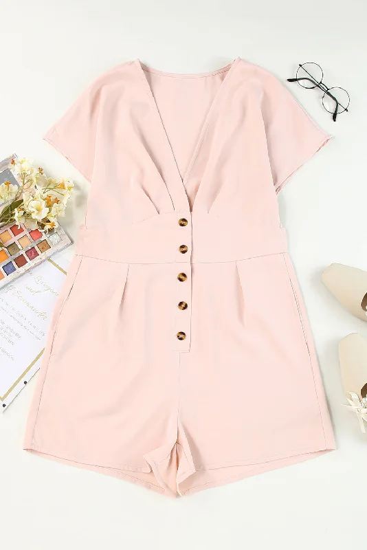 Buttoned V-Neck Short Sleeve Romper Traditional Women's Wool