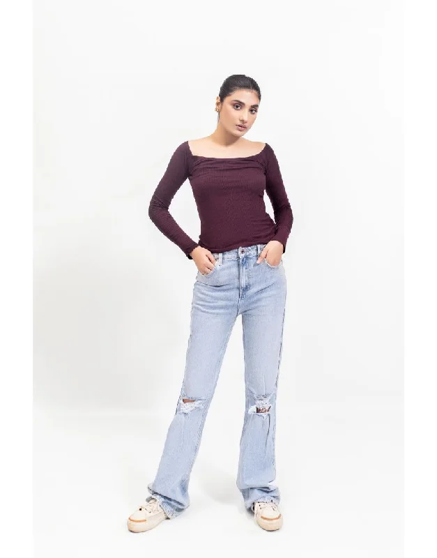 High Rise Ripped Flared Jeans-Light Blue Casual Women's Japanese 