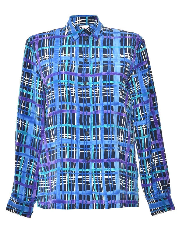 Button Front Blue Blouse - L Elegant Women's Formal 