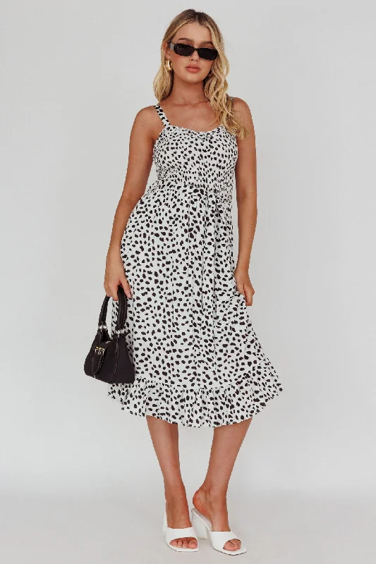 Honey Shirred Frill Midi Dress White/Black Sustainable Organic