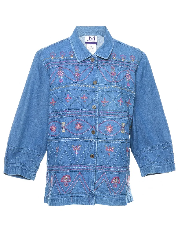 Embroidered Medium Wash Denim Shirt - L Tough Women's Military - inspired