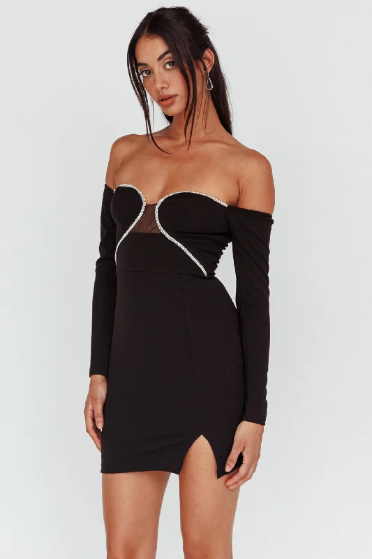 A-List Diamante Trim Long Sleeve Mini Dress Black Refined Women's Velvet