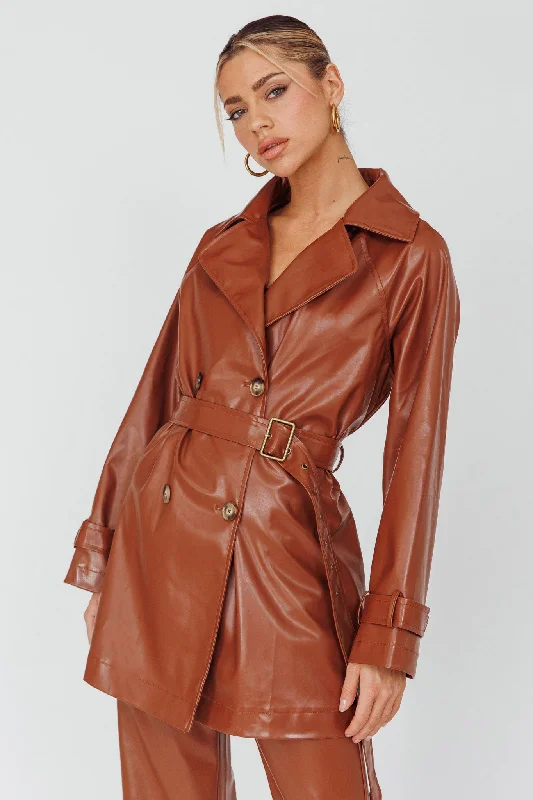 Noa Faux Leather Belted Jacket Terracotta British Gentlewoman Style
