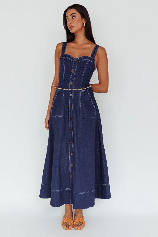 Laureen Pocket Maxi Dress Denim Indigo Unique Women's Upcycled