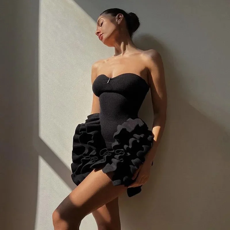Vairo Offshoulder Ruffled Dress in Black Youthful Women's Anime - inspired