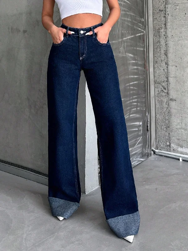 Eclipse Blue Rolled-Up Super Wide Leg Jeans Practical Women's Quick - dry