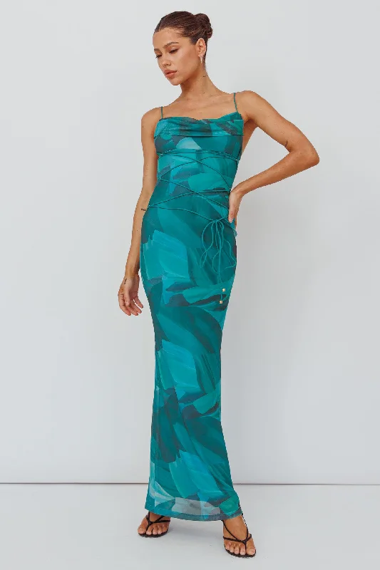 Teava Laced Waist Maxi Dress Abstract Green Classic Women's Tweed
