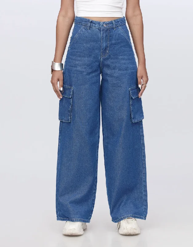 High Rise Wide Leg Cargo Stone Blue Confident Women's High - fashion