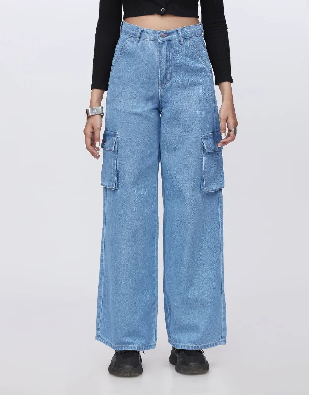 High Rise Wide Leg Cargo Medium Wash Dapper Women's Bow - adorned