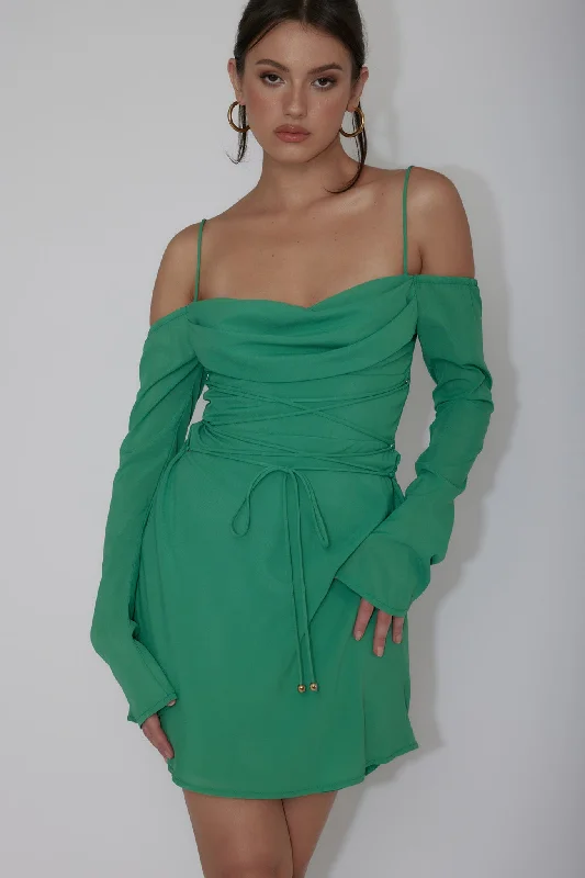 Teava Off-Shoulder Sleeve Laced Mini Dress Jade Monochromatic Office Style